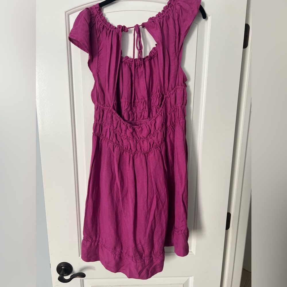 By Anthropologie Smocked Waist Open Back Linen Mini Dress Raspberry XL
